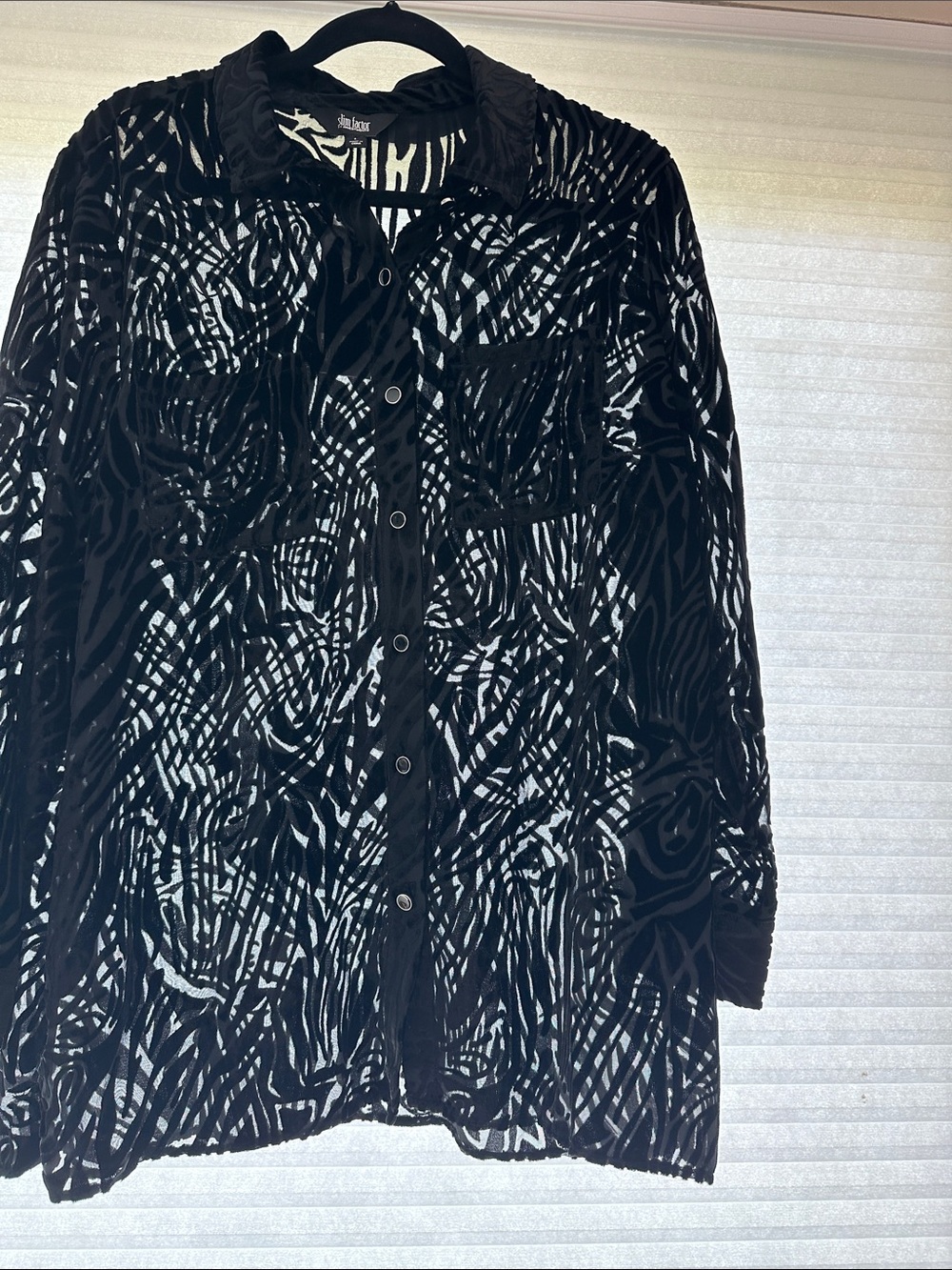 Investments Slim Factor Black Sheer Burnout Velvet Zebra Blouse